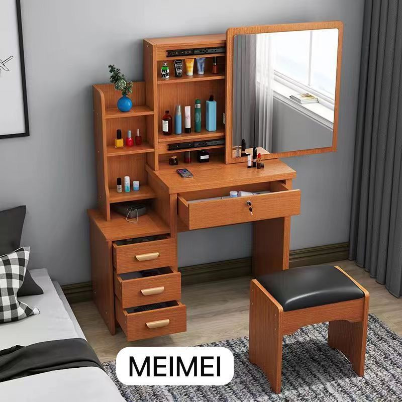 Commode Coiffeuse à 4 Tiroirs + Miroir coulissant + Tabouret  pour Chambre – En Bois