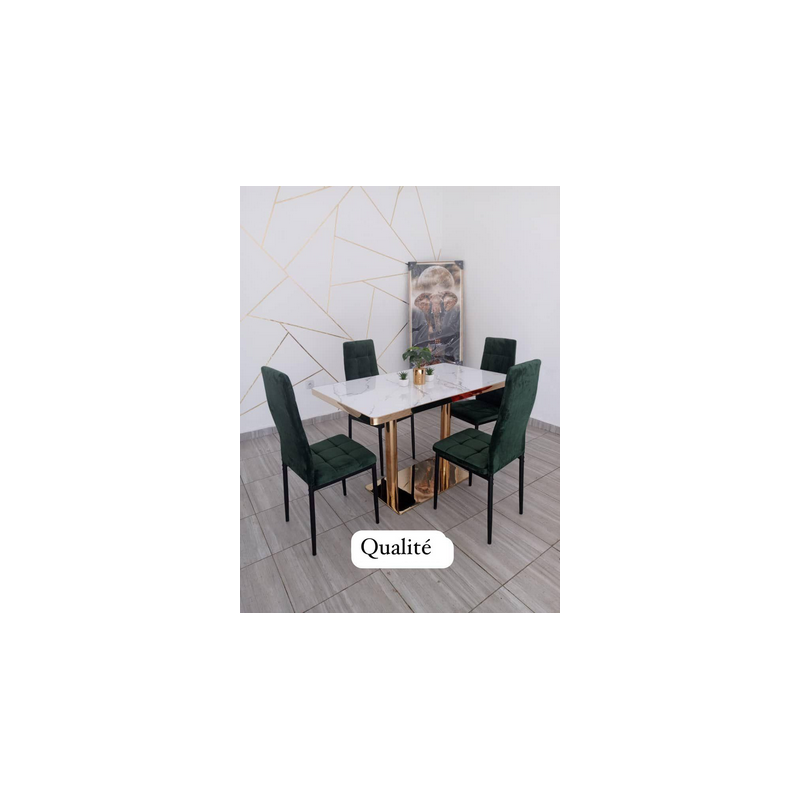 Salle à Manger de Luxe avec Table en Metal style Marbre, 4 chaises vertes