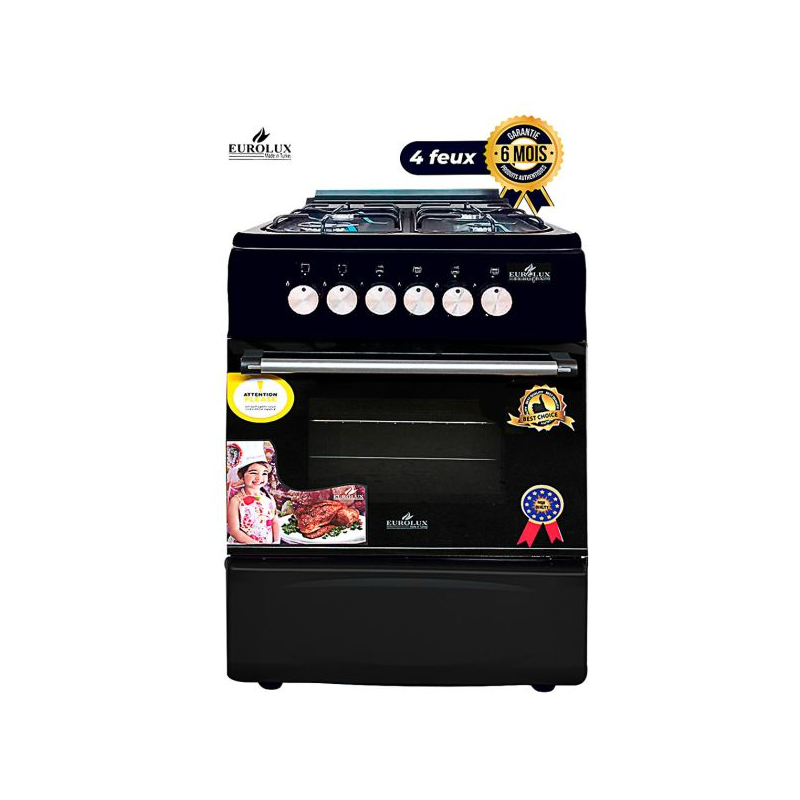 Cuisinière à Gaz EUROLUX - CLASSIC - 4 Feux - 50 x 55 cm - Noir - Garantie 6 mois