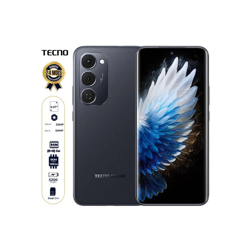 Tecno Spark 40 Pro+ - 128 Go - 8 Go + 8 Go RAM Extensible - 6,78" - 50MP+2MP/13MP - Double Nano Sim - 5200 mAh - Garantie 06mois