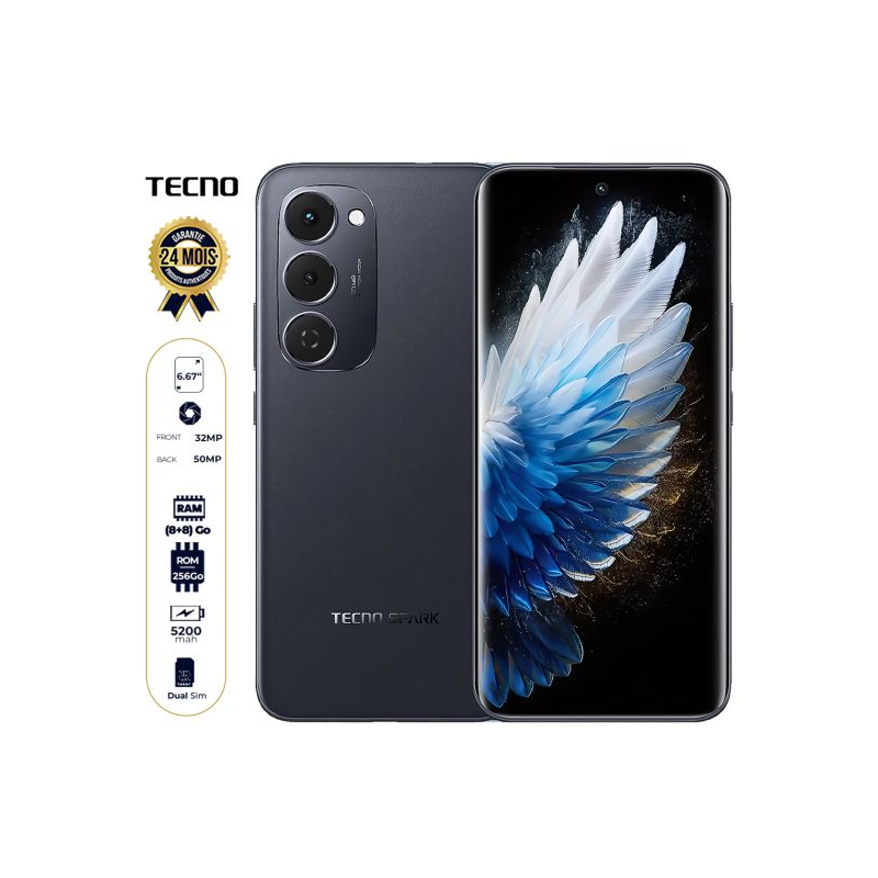 Tecno Spark 40 Pro+ - 256 Go - 8 Go + 8 Go RAM Extensible - 6,78" - 50MP+2MP/13MP - Double Nano Sim - 5200 mAh - Garantie 06mois