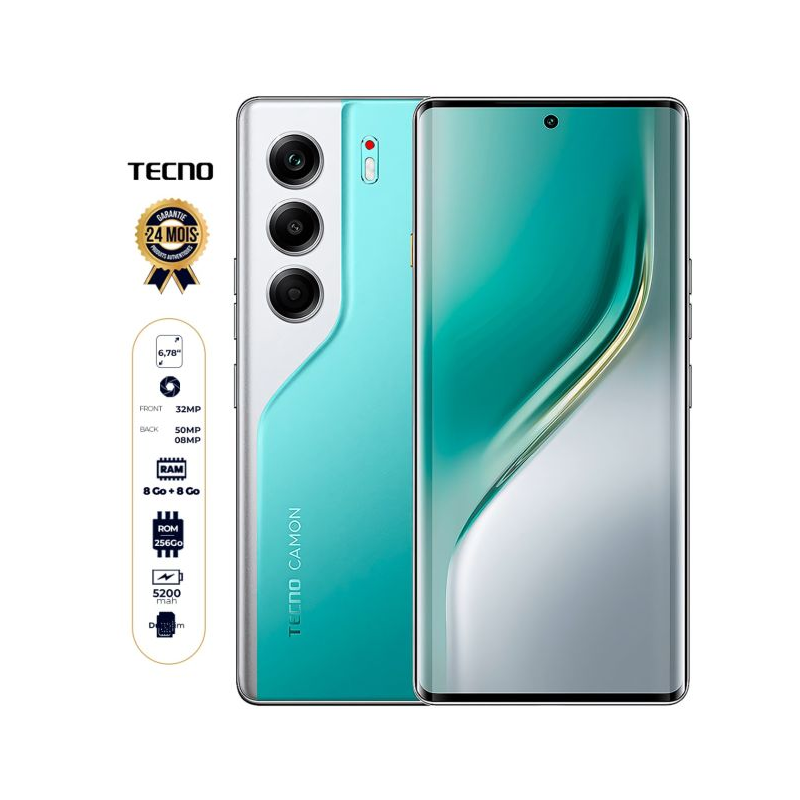 Tecno Camon 40 Pro - 256 Go - 8 Go RAM Extensible - 6,78" - Double Nano Sim - 50MP + 8MP/50MP - 5200 mAh - Garantie 06 mois