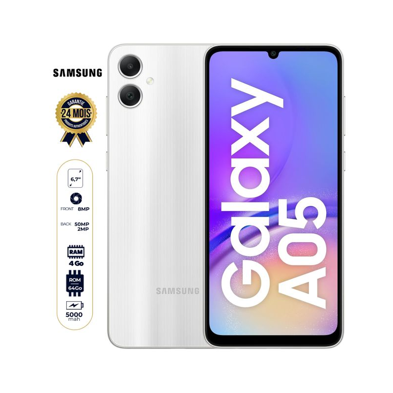 Samsung Galaxy A05 - 64 Go - 4Go RAM - 6,7 pouces - 50 MP + 2 MP/8MP - Dual Nano SIM - 5000 mAh - Garantie 06 Mois