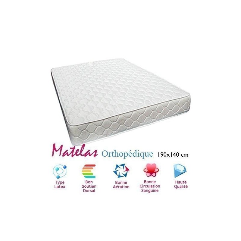 Matelas orthopédique 2places - Habillage Brode Blanc - 140 x 190 cm - Epaisseur 25cm - Blanc