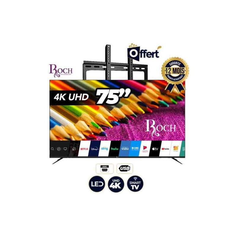 Smart tv Led 75 pouces Roch - RH-LE75-DSA - 4K Ultra HD + support mural offert - 06 mois de garantie