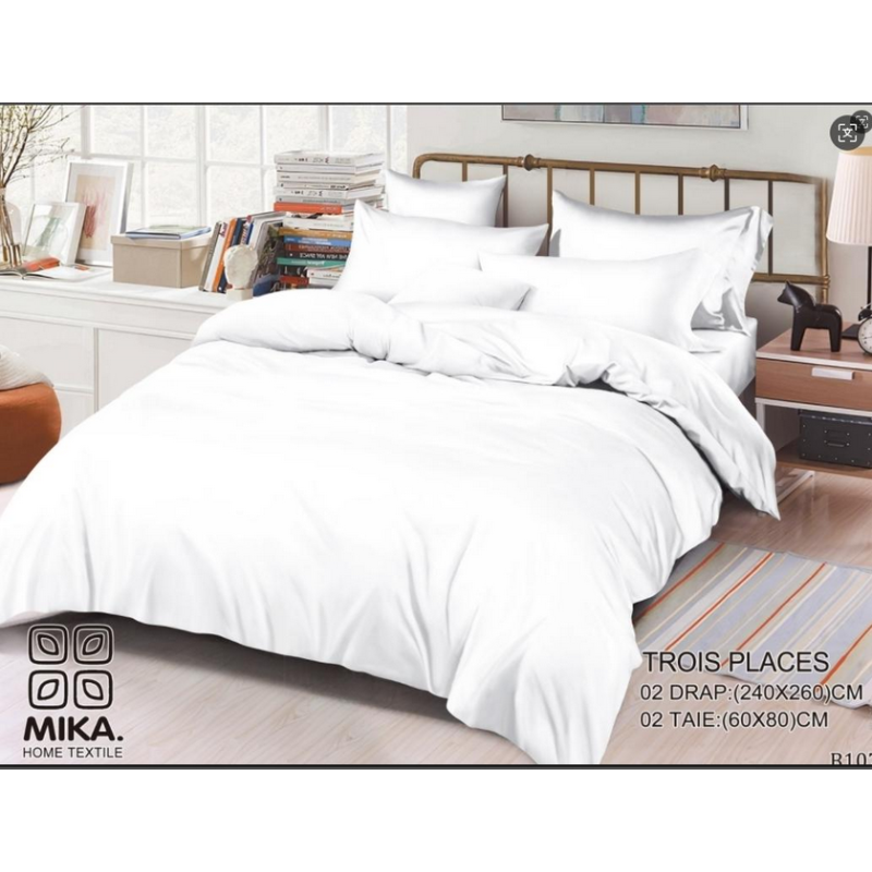 Draps 03 places + Taie - B107- Blanc - Coton
