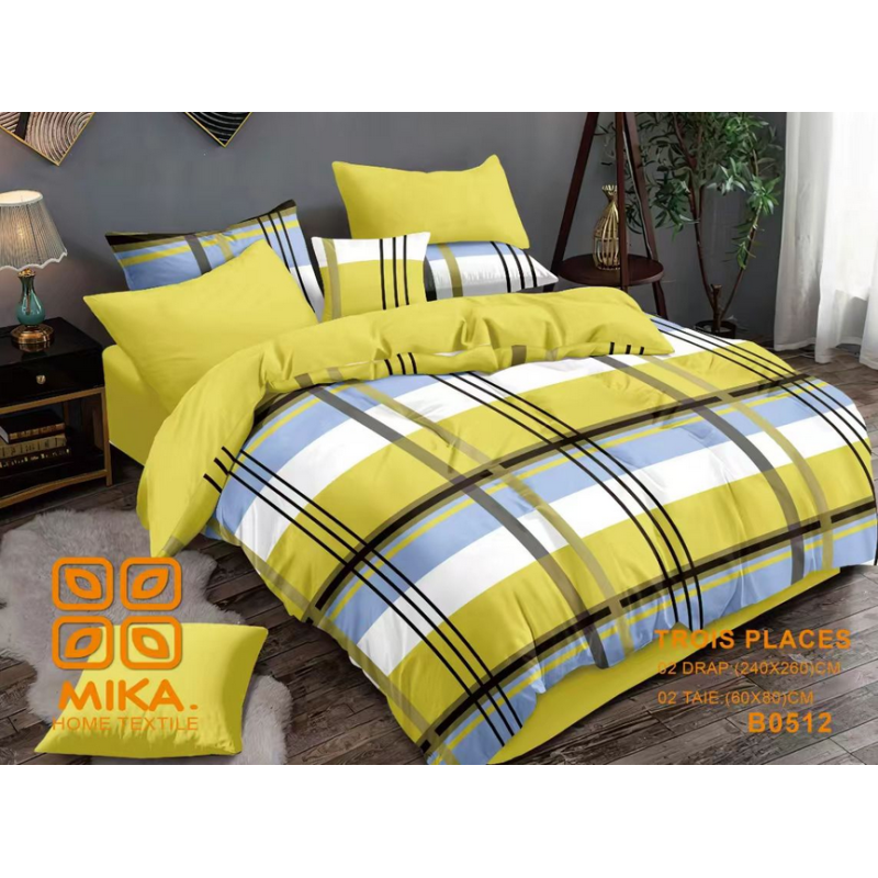 2 Draps 03 places + 2 Taie - B0512 - Jaune - Coton