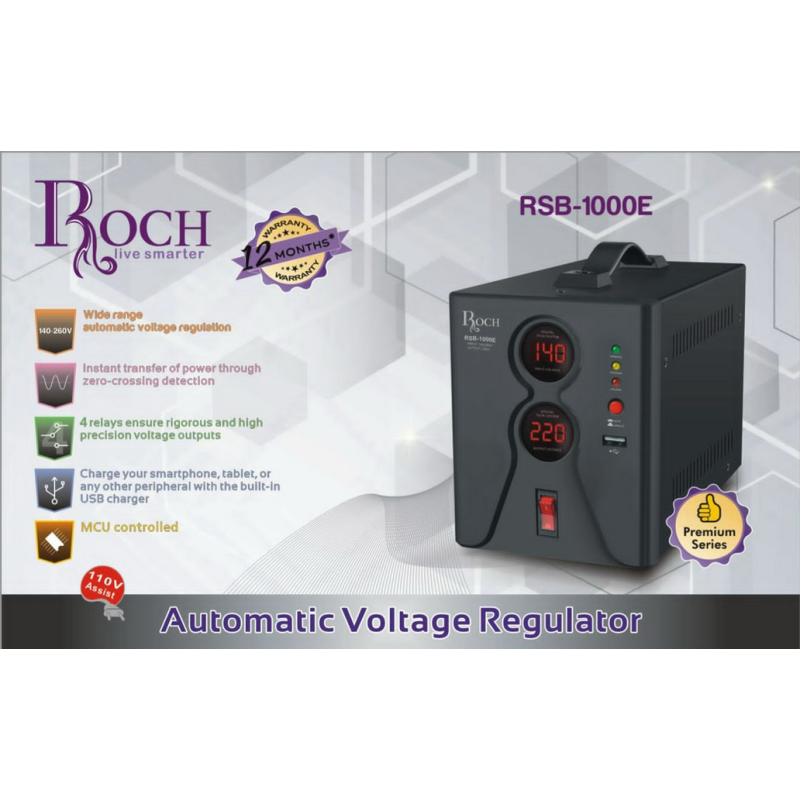 Régulateur de tension numérique ROCH -1000VA - USB -RSB-1000E - 220V/240V - USB - 06 Mois