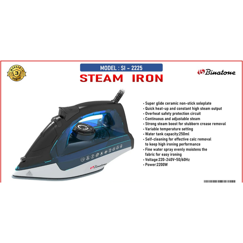Fer à repasser à Vapeur avec semelle-anti adhésif - Binatone - SI-2225 - 2400W - 250ml - Bleu/noir - Garantie 3 mois
