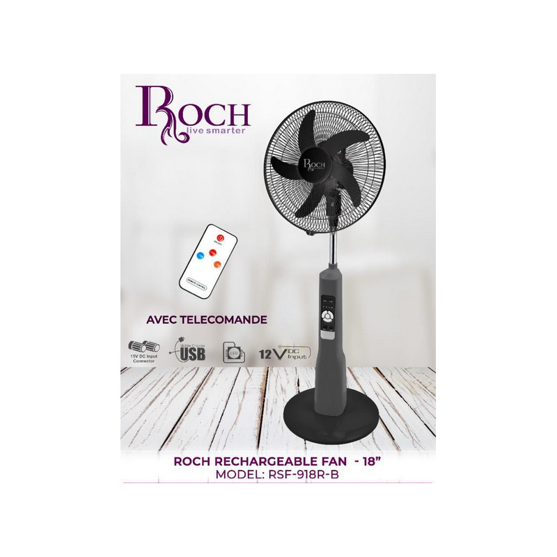 Ventilateur rechargeable avec télécommande - ROCH - RSF-918R-B - 18'' - BLANC/NOIR - Garantie 06 Mois