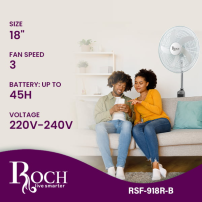 Ventilateur rechargeable avec télécommande - ROCH - RSF-918R-B - 18'' - BLANC/NOIR - Garantie 06 Mois
