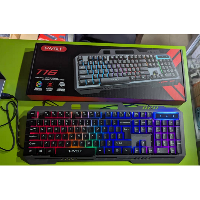 Clavier Gaming rétroéclairé T-WOLF T16 - 104 touches - clavier filaire USB - Panneau Métallique