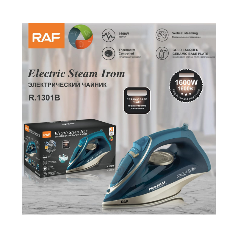 Fer à repasser électrique à vapeur RAF - 1600W - Thermostat reglable et réservoir d'eau - R.1301B + 03Mois Garantie
