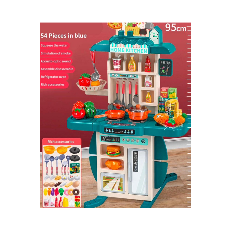 Cuisine jouet interactive de 95 cm - 54 pièces incluses - Age 3-12 ans Garçons / Filles (Bleu)