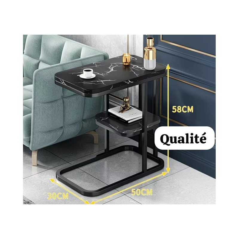 Table d’Appoint(Guéridon) Moderne - Effet Marbre avec Structure Métal Doré - avec 2 Étagères 50x30x58 cm - Noir