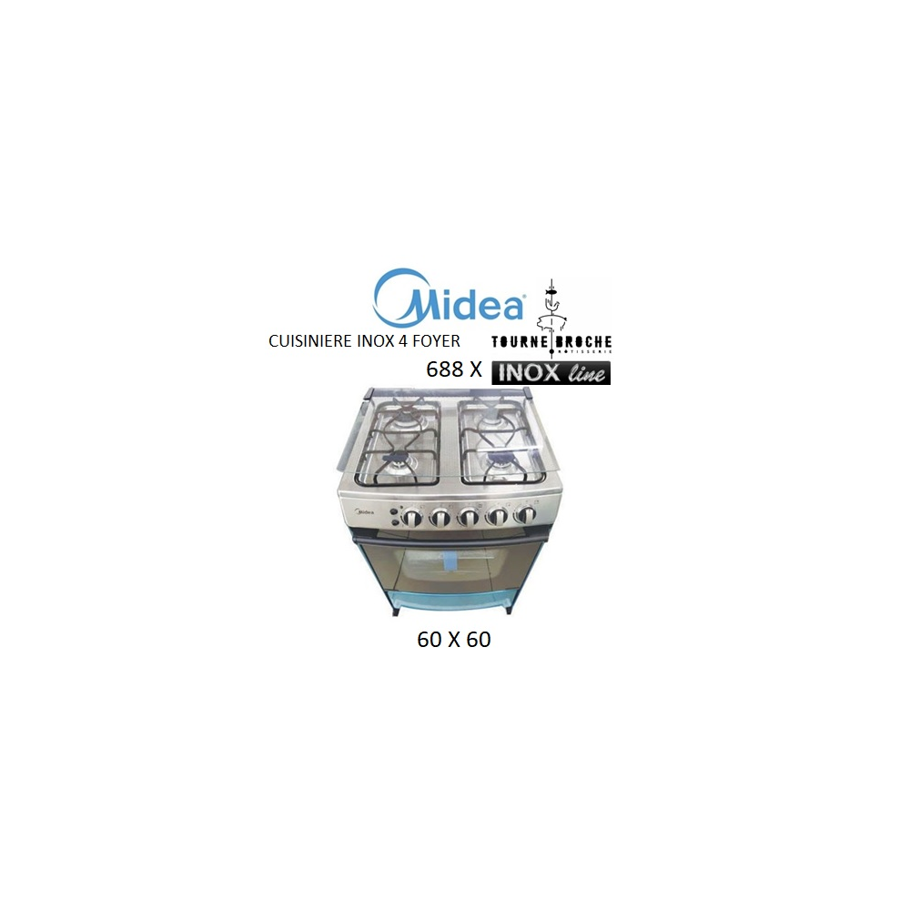Cuisinière à Gaz Midea - 04 foyers - 60 x 60cm - Allumage Automatique - INOX - 688X + 06Mois Garantie